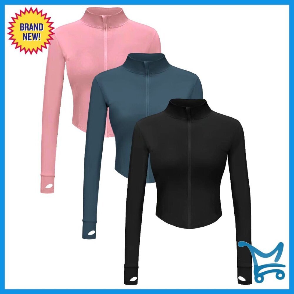 Cropped Full Zip Workout Jacket Slim Fit Athletic Gym Yoga Sports Thumb Holes